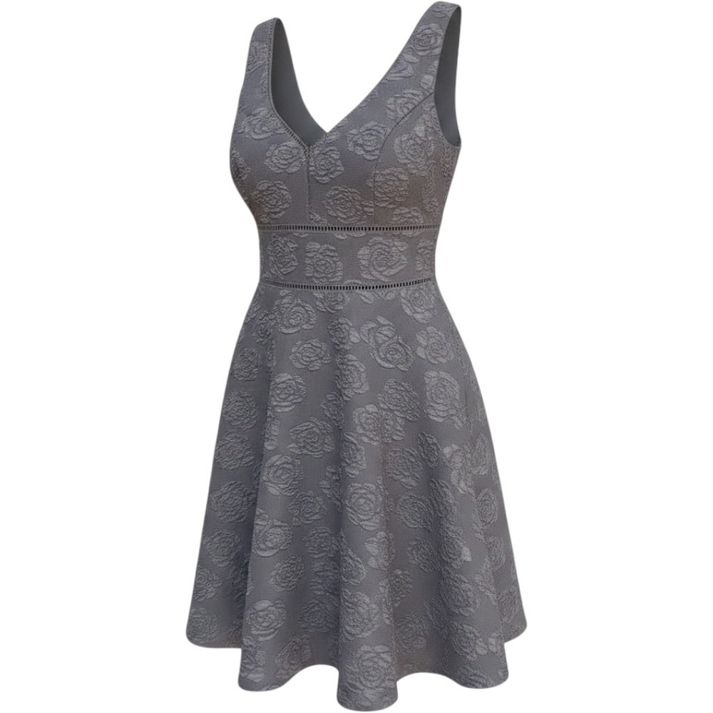 Juniors Teen Girl Gray Rose Floral Jacquard Fit Flare V-Neck Party Dress Sz 3